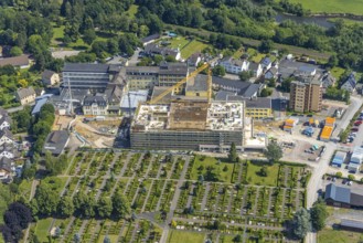 Aerial view, construction site and extension of Hochsauerland Karolinen-Hospital Hüsten, Hüsten,