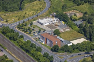 Aerial view, construction site and new construction of the Hagelstein rescue station next to the