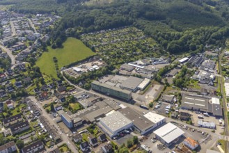 Aerial view, commercial area Zu den Schrebergärten, Cäcilienstraße, allotment garden site, Hüsten,