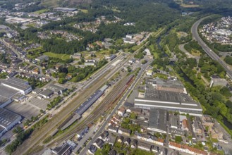 Aerial view, Neheim-Hüsten station, freight station, Hüsten, Arnsberg, Sauerland, North