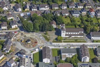 Aerial view, construction site and redesign of roundabout Pfarrer-Leo-Reiners-Platz, formerly