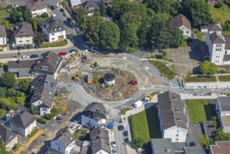 Aerial view, construction site and redesign of roundabout Pfarrer-Leo-Reiners-Platz, formerly