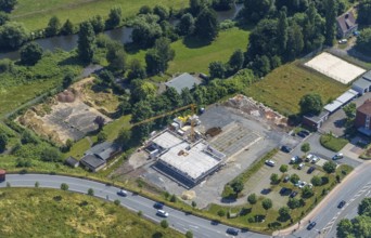 Aerial view, construction site and new construction of the rescue station Rettungsdienst