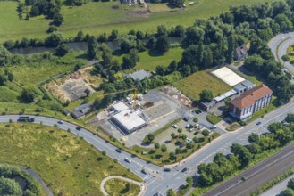 Aerial view, construction site and new construction of the Hagelstein rescue station next to the