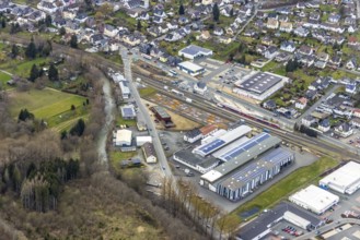 Aerial view, Bad Laasphe railway station, Siegerland, North Rhine-Westphalia, Germany, Bad Laasphe,