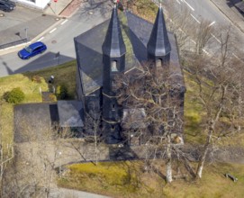 Aerial photo, Protestant church in Banfe, Bad Laasphe, Siegerland, North Rhine-Westphalia, Germany,