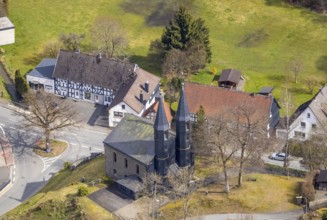 Aerial view, protestant church in Banfe, Bad Laasphe, Siegerland, North Rhine-Westphalia, Germany,