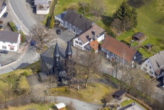 Aerial photo, Protestant church in Banfe, Bad Laasphe, Siegerland, North Rhine-Westphalia, Germany,