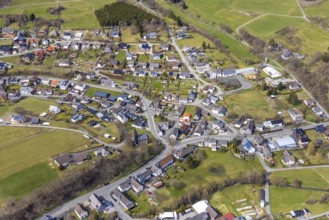 Aerial view, local view, Banfe Valley School and Protestant Church in Banfe, Bad Laasphe,