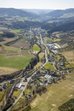 Aerial view, forest area and village view Heringhausen, Bestwig, Sauerland, North Rhine-Westphalia,