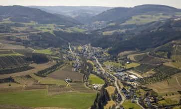 Aerial view, forest area and village view Heringhausen, Bestwig, Sauerland, North Rhine-Westphalia,