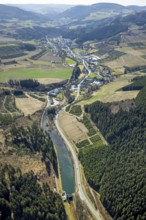 Aerial view, reservoir near Heringhausen, local view Heringhausen, Bestwig, Sauerland, North