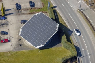 Aerial view, company building Ramspott GmbH, solar roof, Nuttlar, Bestwig, Sauerland, North
