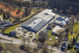 Aerial view, company building Ramspott GmbH, solar roof, Nuttlar, Bestwig, Sauerland, North