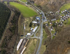 Aerial photo, Hopfengarten timber yard, Saßmannshausen town centre, Bad Laasphe, Siegerland, North