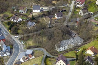 Aerial view, residential area Enderbach, town centre Saßmannshausen, Bad Laasphe, Siegerland, North