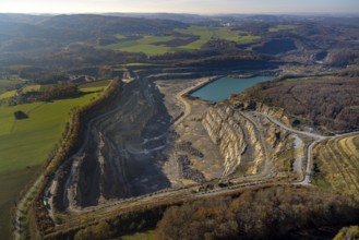 Aerial photograph, Asbeck quarry and the Blaue Lagune quarry lake in the Eisborn district of Balve,