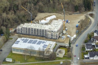 Aerial view, construction site and new construction of a senior citizens' residence on the former