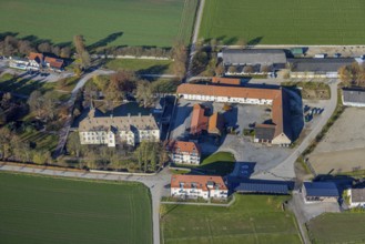 Aerial view, Wocklum Castle and Wocklum Riding Centre in the district of Beckum in Balve,