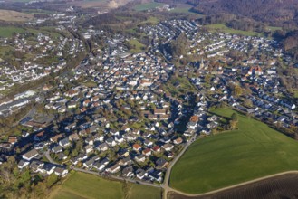 Aerial view, view to the east with St. Blasius church in Balve, Sauerland, North Rhine-Westphalia,
