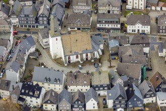 Aerial view, Protestant church at the church square in Bad Laasphe, Siegerland, North