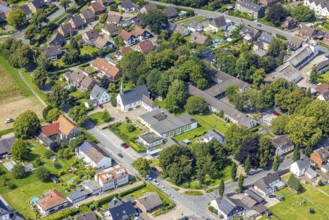 Aerial view, Church of the Resurrection and Martin Luther House in Weddinghofen, Bergkamen, Ruhr
