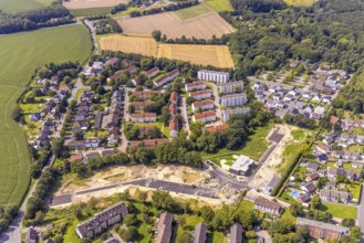 Aerial view, construction site AWO kindergarten and new housing estate Heidegärten on Berliner