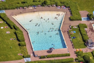 Aerial view, outdoor pool and wave pool Weddinghofen in the leisure centre Im Häupen in
