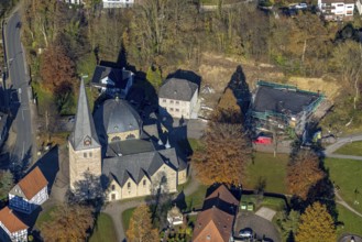 Aerial view, church St. Blasius and construction site with new building of the Balve parish home on
