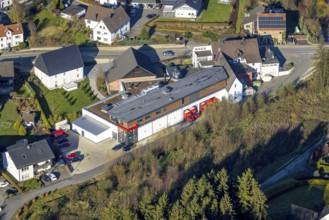 Aerial view, company premises of the gold bakery Grote in the district Langenholthausen in Balve,
