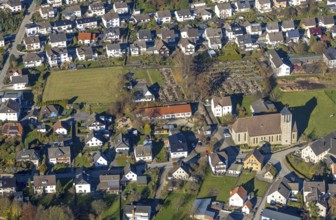 Aerial view, Kath. Church Heilige-Drei-Könige and cemetery Garbeck as well as kindergarten in the