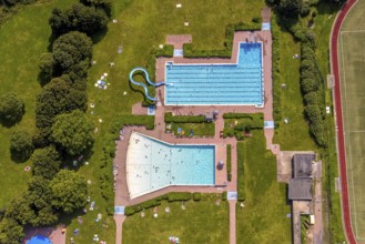Aerial view, outdoor pool and wave pool Weddinghofen in the leisure centre Im Häupen in