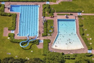 Aerial view, outdoor pool and wave pool Weddinghofen in the leisure centre Im Häupen in