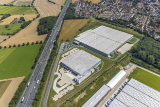 Aerial view, commercial area Lünener Straße at the motorway A2, Heldt Gebäudetechnik and DHL