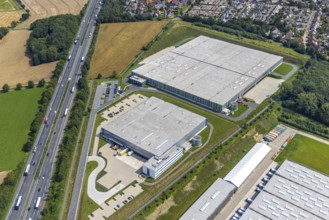 Aerial view, commercial area Lünener Straße at the motorway A2, Heldt Gebäudetechnik and DHL