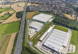 Aerial view, commercial area Lünener Straße at the motorway A2, Heldt Gebäudetechnik and DHL