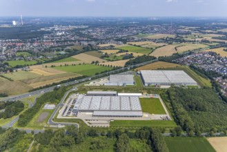 Aerial view, commercial area Lünener Straße at the motorway A2, Heldt Gebäudetechnik and DHL