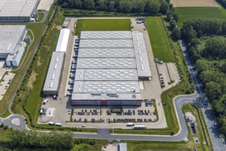 Aerial view, commercial area Lünener Straße at the motorway A2, Heldt Gebäudetechnik and DHL