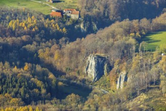 Aerial view, Reckenhöhle dripstone cave in the autumnal forest in the district Volkringhausen in