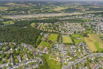 Aerial view, Römerberg-Stadion sports field and housing estates in Oberaden, Bergkamen, Ruhr area,