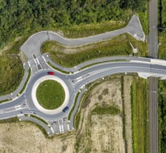 Aerial view, construction site and new roundabout at the Wasserstadt Aden in Oberaden, Bergkamen,