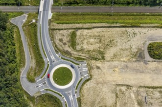 Aerial view, construction site and new roundabout at the Wasserstadt Aden in Oberaden, Bergkamen,