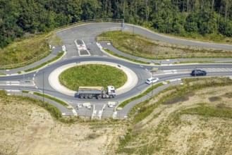 Aerial view, construction site and new roundabout at the Wasserstadt Aden in Oberaden, Bergkamen,