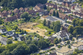 Aerial view, Herz Jesu Kirche and Seniorenzentrum Beckinghausen as well as construction site for