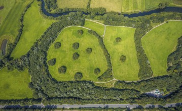 Aerial view, Former landfill site at the river Lippe and wooded area at Westenhellweg in Rünthe,