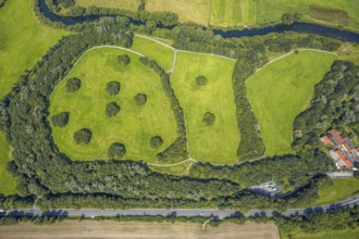 Aerial view, Former landfill site at the river Lippe and wooded area at Westenhellweg in Rünthe,
