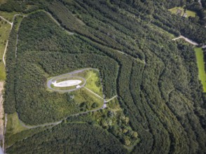 Aerial view, Großes Holz spoil tip with Adener Höhe and light column in Weddinghofen, Bergkamen,