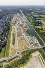 Aerial view, construction site for planned urban quarter Wasserstadt Aden with new roundabout on