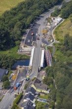 Aerial view, construction site and new construction of a bridge on Werner Straße over the river