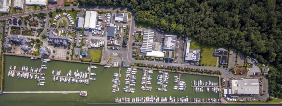 Aerial view, Yacht harbour Marina Rünthe in Bergkamen, Ruhr area, North Rhine-Westphalia, Germany,